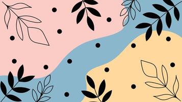 Abstract design featuring a wave of pastel pink and yellow with blue interspersed, adorned by black outlined leaves and dots, creating a harmonious and modern pattern. vector