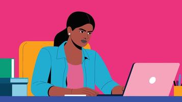 Illustration of a focused Black woman using a laptop in a vibrant, colorful workspace. vector