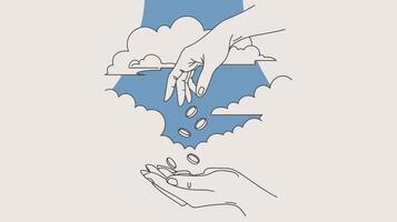 Illustration of hands passing coins against a whimsical sky with clouds, symbolizing generosity or giving. Simple line art in blue and cream hues adds a serene feel. vector