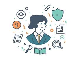 Illustration of a businesswoman surrounded by symbols of security and information management, highlighting professional expertise and innovative strategies. vector