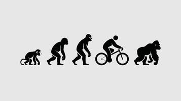 Evolutionary progression illustrated from primate to human on bicycle, concluding with a gorilla. vector