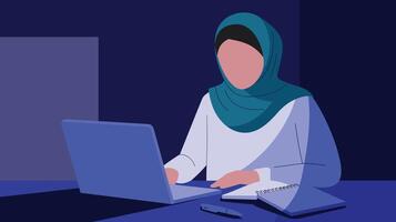 Illustration of a woman wearing a hijab working on a laptop in a minimalist workspace setting. vector