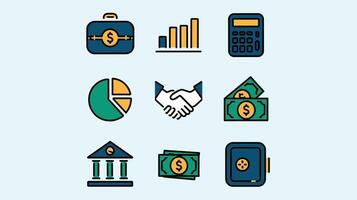 An illustration of financial and business elements, including charts, handshake, and currency symbols on a light background. vector