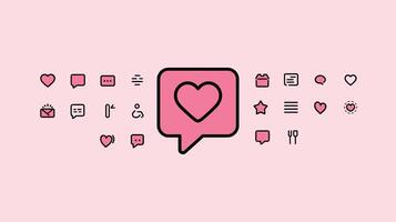 Stylized pink heart icons in a speech bubble surrounded by various minimal icons on a pastel pink background. vector