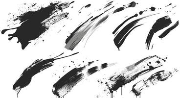 Abstract black brushstroke set against a white background showcasing various artistic paint splashes and strokes. vector
