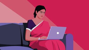 Indian woman in a traditional red sari working on a laptop, seated on a comfortable sofa with a vibrant background. vector