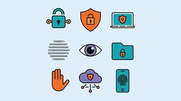 Colorful cybersecurity icons set against a light blue background, featuring locks, devices, and security symbols. vector