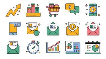Colorful icons representing business growth, online shopping, and digital communication on a white background. vector
