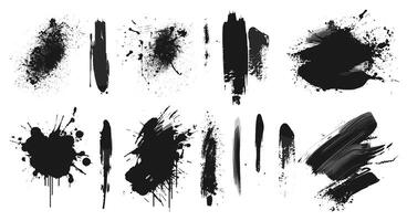A collection of expressive black ink splatters and brush strokes on a clean white background, showcasing dynamic artistic elements. vector