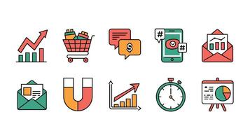 A collection of colorful digital marketing icons including analytics, communication, mobile marketing, and productivity tools. vector