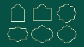A collection of six ornate vintage-style label frames in gold outline on a deep green background, showcasing diverse shapes and elegant designs. vector