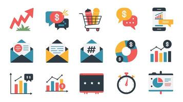 A collection of colorful financial and communication icons depicting graphs, emails, shopping, and analytics on a white background. vector