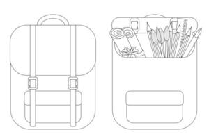 Detailed back-to-school coloring page featuring open and closed backpacks. Perfect for kids and school-themed projects. vector