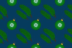 Seamless pattern featuring green Christmas ornaments and pine branches on a dark background, perfect for holiday designs. vector