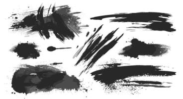 Dynamic assortment of black ink brush strokes and splatters on a white background, showcasing artistic expression and abstract design. vector