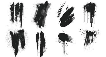 Abstract black paint brushstrokes on a white background, showcasing various textures and shapes in a minimalist style. vector