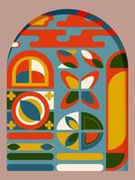 A vibrant geometric abstract art piece with circles, semi-circles, leaves, and butterfly motifs in bold colors like red, yellow, green, and blue, forming an arch shape vector