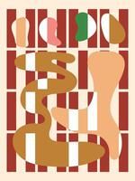 Vibrant and playful abstract composition featuring organic shapes set against a bold striped background. Perfect for modern and contemporary design projects. vector