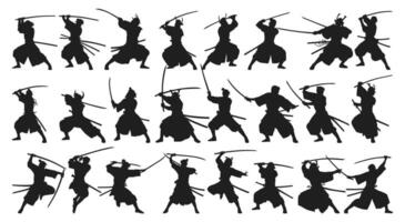 Silhouettes of samurai warriors practicing various sword-fighting stances and techniques. vector