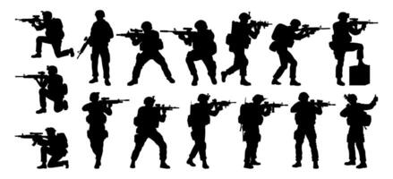 Silhouettes of armed soldiers in various combat stances, ready for tactical action. vector