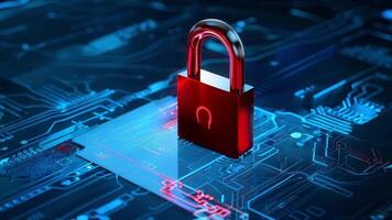 A digital padlock on a circuit board, symbolizing cybersecurity and data protection in a modern technology landscape. video
