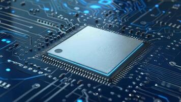 Close-up of a modern microchip showcasing intricate circuitry and glowing details, illustrating advanced technology and innovation. video