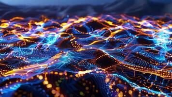 Abstract landscape of glowing lines and dots representing digital connectivity and technology advancements in vibrant colors. video