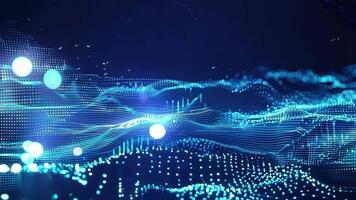 Abstract digital wave background with glowing blue particles and lines, representing technology, data, and innovation. video