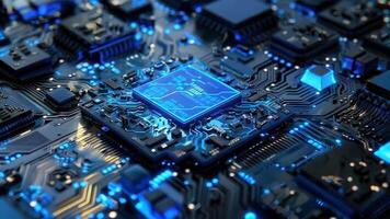 Close-up view of a glowing microchip on a circuit board, showcasing intricate designs and advanced technology. video