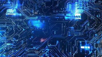 fechar-se Visão do uma futurista o circuito borda com brilhando azul luzes, representando avançado tecnologia e inovação. video
