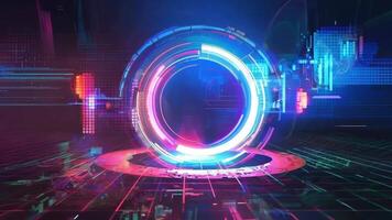 Futuristic digital portal with neon lights, showcasing vibrant technology and innovative design in a sci-fi environment. video