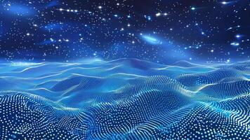 A mesmerizing digital ocean with flowing waves under a starry sky, creating a serene and futuristic ambience. video