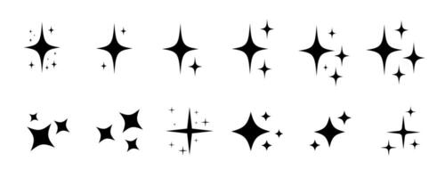 Sparkle star icon set. Simple starburst symbol. Set of shiny black star sparkle icons and sunburst star shapes. Abstract magic light flare vector