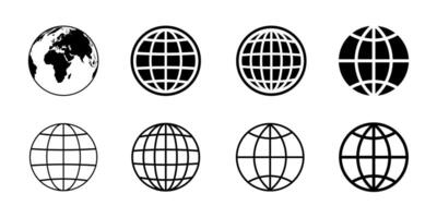 Globe icon set, Planet, earth map, and global symbols in circle shape, set of world map web icons, worldwide flat icon collection isolated on white background. vector
