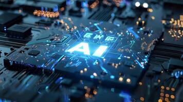 Futuristic circuit board with glowing AI symbol, representing advanced technology and artificial intelligence innovation. video