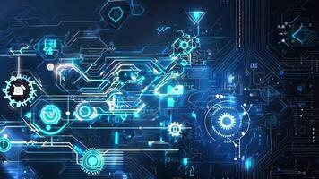 Futuristic digital circuit board with glowing blue elements, symbolizing advanced technology and connectivity in a modern world. video