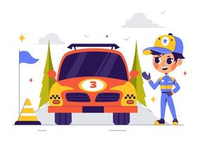 Illustration of Formula Car Racing to Win on a Circuit Track in a Flat Style Cartoon Background vector