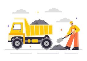Sand Mining Process Art with Heavy-Duty Yellow Trucks in an Industrial Background vector