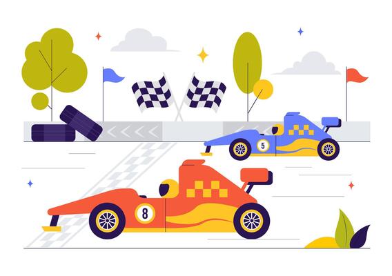 Formula Race Car Approaching Finish Line on Track for Championship Victory Illustration in Flat Style