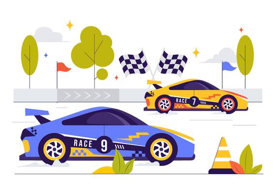 Illustration of Formula Race Car Speeding to the Finish Line for the Championship in Flat Cartoon Background