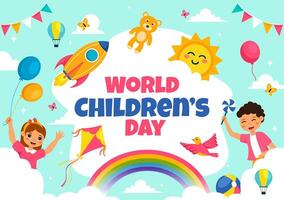 Colorful World Childrens Day Celebration with Child-Friendly Decorations in Flat Style Cartoon Background vector