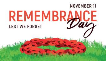 Traditional symbol of Remembrance Day on November 11. illustration for Poppy Day in the UK. Wreath of paper poppies lies on green grass. Horizontal banner for ANZAC Day. vector