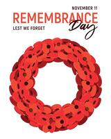 Traditional wreath of red flowers for Remembrance Day on November 11 in the UK. Poppy Day in memory of servicemen who died in the line of duty. illustration in flat style on white background. vector