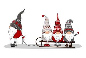 Christmas gnomes ride a sleigh. New Years dwarf takes dwarfs on a sleigh. vector