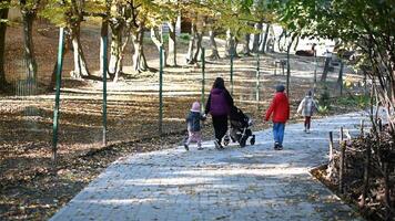 Family of Four Enjoying a Sunny Autumn Stroll in the Park video