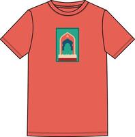 A red t - shirt with a picture of a man in a doorway vector