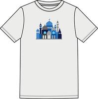 A white t - shirt with a blue mosque on it vector