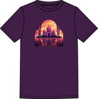 A purple t - shirt with a sunset and a mosque in the background vector