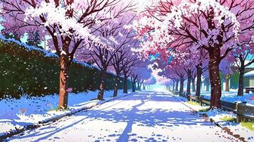 A serene street lined with cherry blossom trees in full bloom, their pink petals contrasting with the snow-covered ground and wooden fence, creating a picturesque and tranquil winter scene video