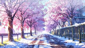 A serene street lined with cherry blossom trees in full bloom, their pink petals contrasting with the snow-covered ground and wooden fence, creating a picturesque and tranquil winter scene video